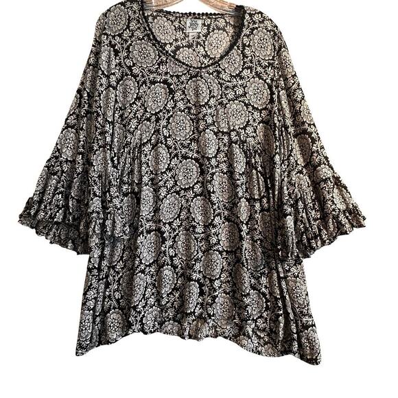 Ivy Jane Black & White Boho Y2K Ruffle Babydoll Retro Tunic Sz M Flutter Sleeves - Picture 5 of 16